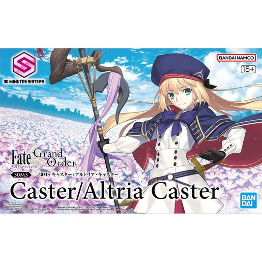Model kit packaging for Caster/Altria Caster from Fate/Grand Order with Bandai Namco branding.
